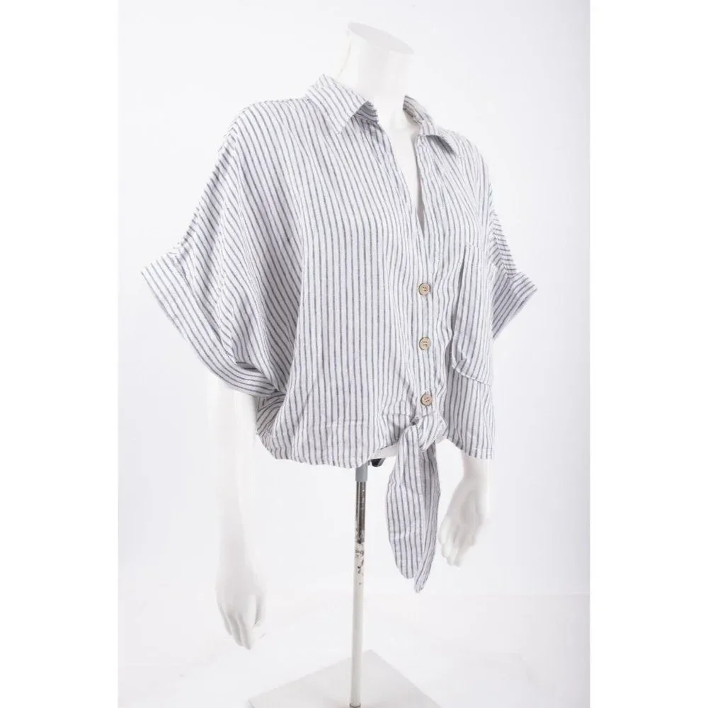 Zara Womens Knotted Blouse Top L White Gray Striped Button Front 2949/027 NWT - Picture 2 of 6